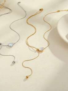 1pc 18K Gold Plated Stainless Steel Mother Of Pearl Heart Pendant Y-Necklace, Elegant Gift Jewelry For Women, Valentine's Day - Yellow Gold - View 3