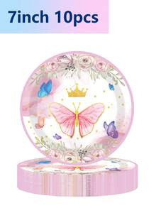 蝴蝶主題派對用品－粉色與紫色花卉紙盤、杯子、餐巾紙及餐具，適用春季花園、婚禮、茶會與母親節慶祝，派對必備花卉圖案裝飾餐具 - A - 查看 9