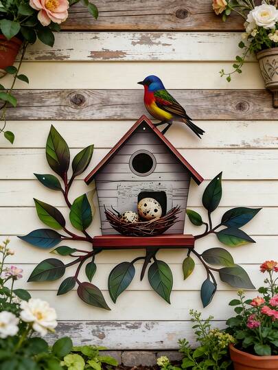 2D 平面设计，1 件装，彩色金属鸟舍，带树叶墙饰，室内外花园围栏装饰 - 彩色鸟屋，含 2 个鸟蛋和 1 只小鸟，家居和公园美学装饰，铁质材料，结构坚固，专为自然爱好者打造，艺术设计。