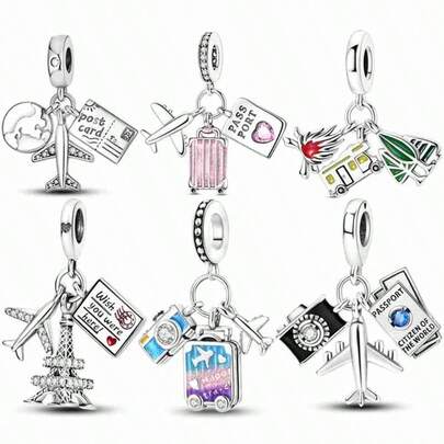 1Pc Silver Coloe Travel Series Charm Bead Set Includes Airplane Luggage Passport Eiffel Tower RV & Camera Dangles With Enamel & Cubic Zirconia Fits European Bracelets For Women Travel Enthusiasts Suitable For Travel Keepsakes Daily Wear & Special Occasions Perfect Gift For Birthdays Graduations Valentine's Day & Travel Anniversaries