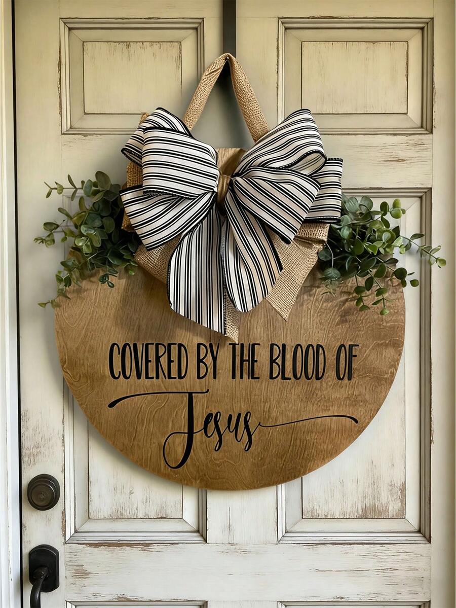 Farmhouse Style Christian Door Sign, "Welcome" Wreath, Joshua 24:15 Scripture Plaque, Christian Front Door Decor With Bible Verse, Artificial Wood Indoor/Outdoor Wall Hanging Sign, Durable Religious Home Decor, Porch Decor, Durable Outdoor Signage, Garden Decor