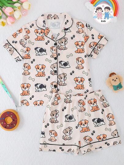 2件套女童可爱卡通小狗派对印花Polo领短袖开衫短裤睡衣套装，阻燃，四季皆宜