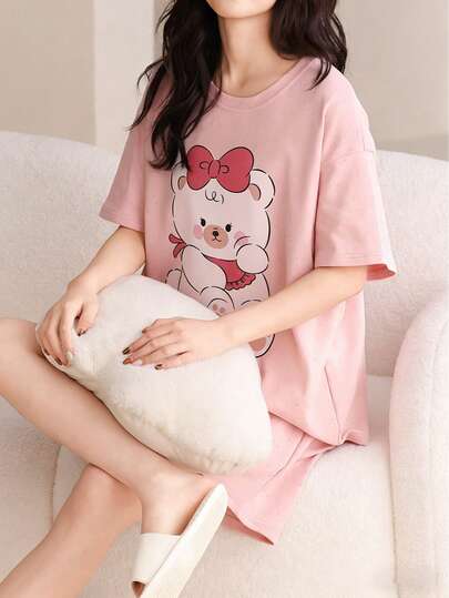 AICJ 两件套舒适女士卡通小猫蝴蝶结印花睡衣套装 - 短袖圆领T恤和短裤，针织面料，宽松版型，适合春夏穿着，孕妇家居服