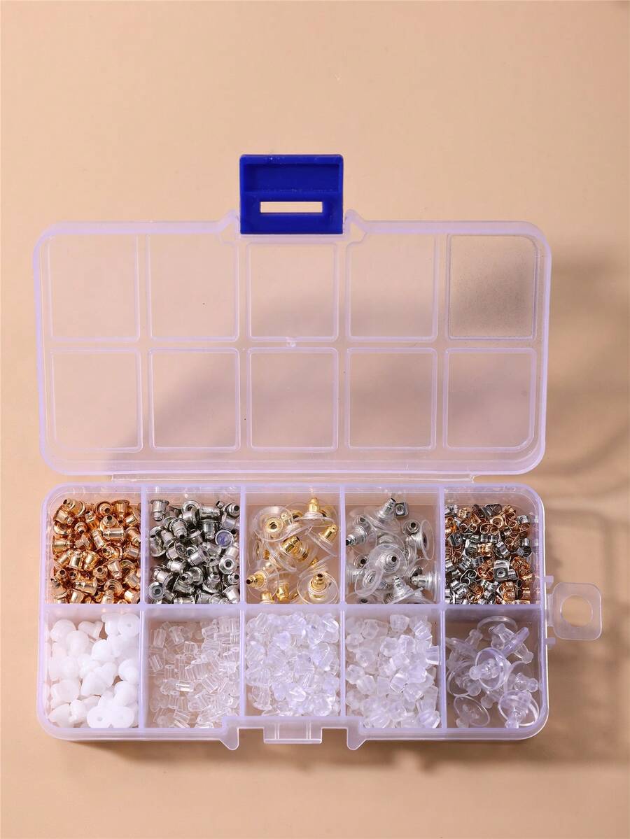 560pcs 10-Grid Silicone Ear Plugs Earrings Studs Bullet Disc Plastic Earring Plugs DIY Handmade Jewelry Accessories Tools, 1 Box/Set - Clear - View 1