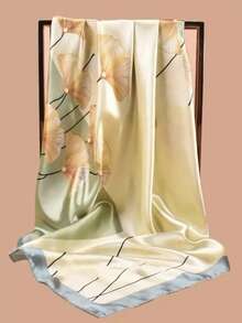 Luxury Women's Satin Scarf With Print (90x90cm) Silk Print, Ginkgo Biloba Leaf, Chinese Flower - 橄欖綠 - 查看 3