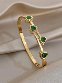 18K Gold Plated Stainless Steel Green Zirconia Heart-Shaped Bracelet, Women's Bracelet, Heart-Shaped Bracelet, Stainless Steel Jewelry, Designer Jewelry, Suitable For Daily Wear, Holidays, Dates, Parties, Valentine's Day, Easter, Mother's Day, Beach, Summer, Bohemian Style - Multicolor - View 7