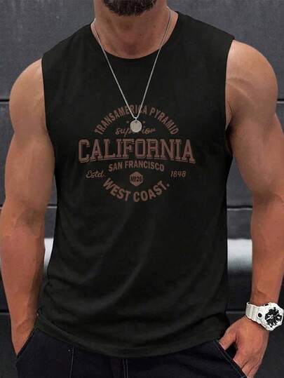 男士肌肉修身健身背心，加州字母图案无袖T恤，美式复古街头风运动背心，复古西海岸图案棉质上衣