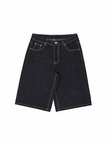 Loose Fit Black Denim Shorts For Men, Japanese Style With Koi Fish Embroidery Design, Casual Wear - Black - View 4
