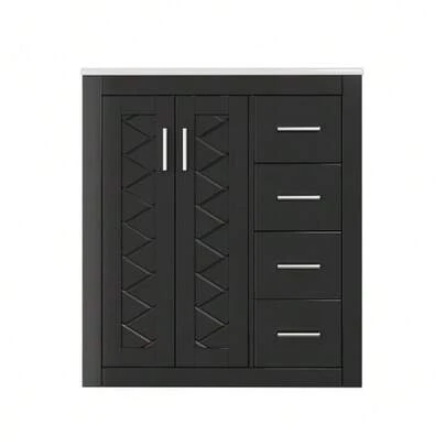 Freestanding Wash Unit 76 X 46.5 X 85.5 Cm, Fully Lacquered, With Three Silent Drawer Slides + Double Cabinet Doors, Soft-Close Hinges, Integrated Washbasin, Black.