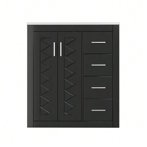 Freestanding Wash Unit 76 X 46.5 X 85.5 Cm, Fully Lacquered, With Three Silent Drawer Slides + Double Cabinet Doors, Soft-Close Hinges, Integrated Washbasin, Black.
