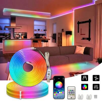 5V RGBIC智能霓虹灯带，USB供电。可通过遥控器/App控制，多种模式可选。支持音乐同步闪烁。适用于客厅、游戏室和节日派对装饰。灵活可定制，打造您专属的设计。