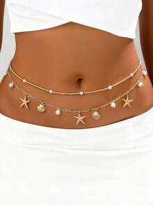 Conjunto de cinturón de doble capa con estrella de mar y concha de estilo bohemio - Cadena corporal con cuentas de perlas falsas - Cinturón ajustable - Multicolor - Ver 4
