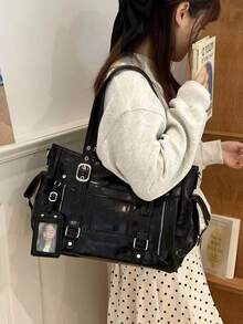 Korean Style New Pillow Handbag, Retro Shoulder Bag, Large Capacity Tote Bag For Work Commute, No Pendant Included, Pendant Is For Styling Only - Black - View 4