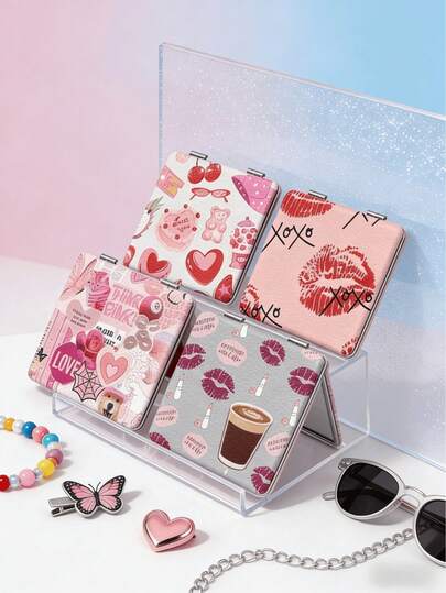 Bộ 4 gương bỏ túi in hình bằng da PU, gương trang điểm gấp gọn dễ thương dành cho nữ, gương hai mặt phóng đại 1X/2X, họa tiết quả anh đào, môi, cà phê và trái tim, phong cách thẩm mỹ Y2K, thích hợp để bỏ vào ví, túi du lịch và mang theo hàng ngày, món quà sinh nhật Giáng sinh tuyệt vời dành cho phụ nữ, các cô gái và những người yêu thích thời trang.