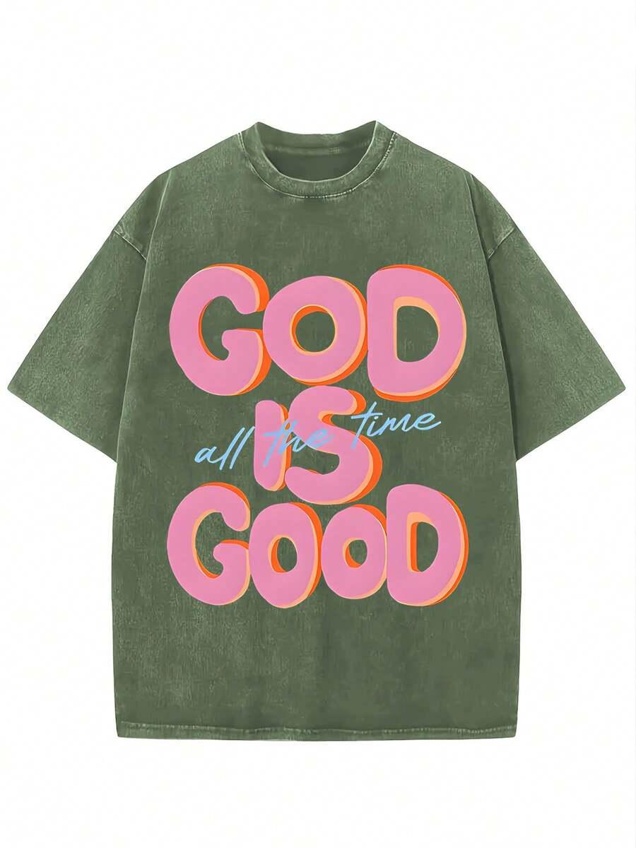 Men's God Is Good Distressed Graphic Tee, Oversized Crew Neck Short Sleeve Vintage Wash T-Shirt, Unisex Boyfriend Fit - 軍綠色 - 查看 1
