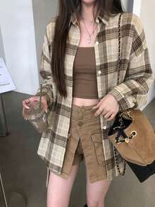 女士格子衬衫，夏季新款休闲宽松上衣 - 卡其色 - 查看 5