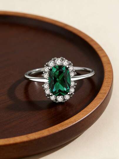 Nhẫn bạc 925 Sterling Silver cắt hình lục giác, thiết kế viền hình bầu dục, trang sức bạc cao cấp phong cách cổ điển dành cho nữ.