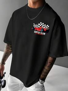 Men's Racing T-Shirt With Formula And Slogan Print - Relaxed Fit Casual T-Shirt With Technical Drawings And Bold Motorsport Prints, 100% Polyester, Machine Washable, Comfortable For Everyday Wear, Suitable For Racing Events And Leisure Outfits, Spring Outfit, Cotton T-Shirt, Men's T-Shirt - màu đen - Xem 2