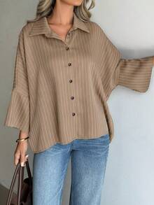 Camisa casual y elegante de manga de murciélago a rayas holgada, color café, adecuada para uso diario, salidas y vacaciones, primavera/verano - Café integral 2 - Ver 3