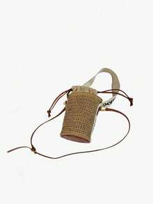 Vintage Woven Bucket Bag For Women, Hollow Straw Crossbody Bag With Drawstring Closure, Casual Summer Shoulder Bag With Leather Strap, Bohemian Style Tote Bag, Breathable & Lightweight, Suitable For Beach, Travel, Daily Commute, Versatile Holiday Style, Showcasing A Relaxed And Casual Vibe, Essential Fashion Item For Spring/Summer - 卡其色 - 查看 3