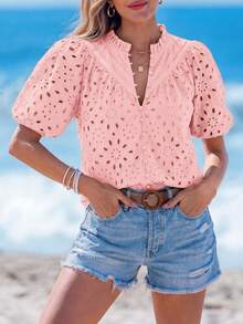 PRETTYGARDEN Women's Summer Clothes Tops Fashion Casual Short Sleeve V Neck Buttons Hollow Eyelet Lace Embroidered Blouses Shirts Festival  Beach Vacation - 粉色 - 查看 3