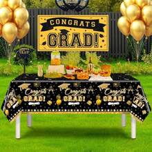 3 Pack Graduation Tablecloth Decorations54x128inch Black Gold Congrats Grad Disposable Plastic Waterproof Rectangular Table Cloth Cover Decor For Class Of 2026 College High School Party Supplies - Black Gold - View 3