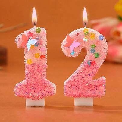 1pc Creative Handmade 0-9 Numbers And Letters Birthday Candles For DIY Birthday Cakes, Festival And Party Decorations, Pink Butterfly And Glitter Painted Candles For Girls' First Birthday Celebration,Christmas,Butterfly Birthday Party Supplies