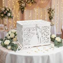 1 pieza Caja de tarjetas de boda, diseño hueco único con cerradura y ranuras para sobres, caja de madera vacía DIY para recepción de boda, aniversario, fiesta de cumpleaños, Navidad - Blanco - Ver 5