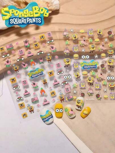 SpongeBob SquarePants SquarePants Theme Series Cute Cartoon Nail Decoration Sticker Set, With Random Color And Style, No Need For Lights, Can Be Used Directly, Featuring Cute Cartoon Patterns Of Patrick, Octopus, Mr. Crab, Sandy, And Gary. DIY Nail Sticker Accessories, Adhesive Type Requires Self-Adhesive, Casual Style Nail Stickers