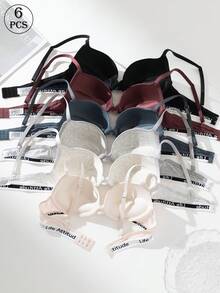 6pcs Women's Letter Patchwork Underwire Bra, Skin-Friendly Breathable Fabric, Super Soft & Comfortable, Supportive Underwire, Fully Adjustable Straps, Fashion Design, Push-Up Effect Enhancing Cleavage - Multicolor - View 3