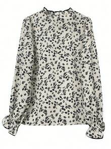 Fashionable Elegant Floral Print Long Sleeve Stand Collar Ruffle Casual Shirt, Versatile Blouse For Women, Suitable For Spring & Autumn Vacation - Black and White - View 6
