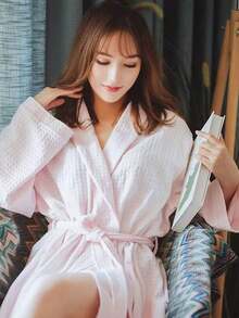 1pc Waffle Weave 100% Cotton Bathrobe, Unisex Adult Kimono Style Robe, Spring/Summer Sleepwear, Hotel/Spa Use, Absorbent & Quick Dry, Loose Fit, Multi-Color, Bathroom & Home Essentials - Multicolor - View 14