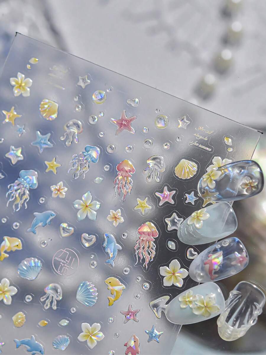 1 Tờ Hình Dán Móng Tay Hình Vỏ Sò Ánh Sáng, Hình Dán Móng Tay Trong Suốt, Tươi Mát và Thanh Lịch, Hình Vỏ Sò Biển, Sứa, Sao Biển và Hoa. Phụ Kiện Trang Trí Móng Tay Nghệ Thuật - Nhiều màu - Xem 1