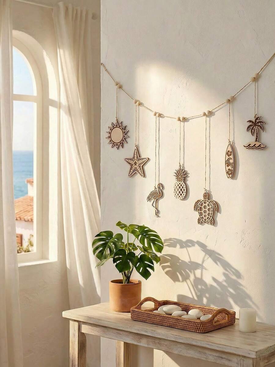1 chiếc cờ treo phong cách Bohemian mùa hè, vòng hoa trang trí tường chủ đề đại dương, biểu ngữ treo chủ đề hàng hải, đồ trang trí họa tiết đại dương nhiệt đới, sao biển, rùa, hồng hạc, ván lướt sóng, cây cọ, vỏ sò mặt trời.