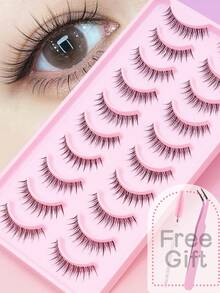 1/5/10 Pairs Layered Ultra-Fine Natural False Eyelashes, Fluffy Soft Thick 3D Mink Lashes, Long Slim Lashes With Messy Lash Roots, Multi-Layer Lashes, Short & Dense Lashes, Popular Japanese & Korean Style Transparent Invisible Lash Roots, Comes With Pink Eyelash Tweezers & Pink Eyelash Brush - Natural Lashes - View 2