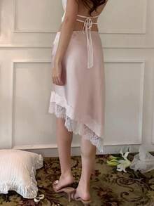 Women Satin Silk Lace Trim Midi Skirt Elastic Waist Irregular Hem Silky Long Skirt Vintage Half Slip Skirts For Under Dress Y2K A Line Bodycon Going Out Skirts Party Club Beach Vacation Knee Length Skirt Streetwear - 粉色 - 查看 2