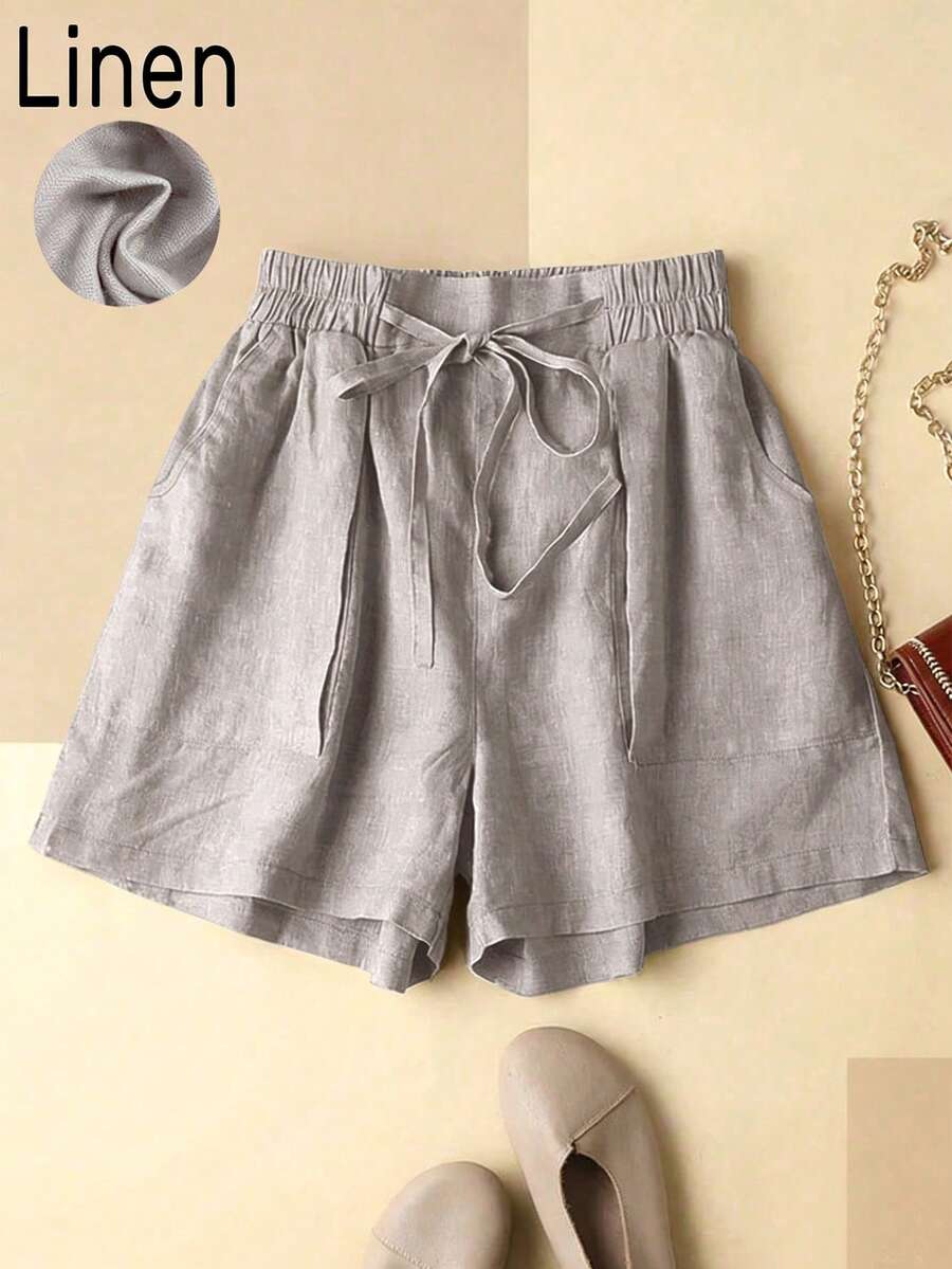 Plus Size Women's Casual Linen Elastic Waist Shorts With Pockets, Spring/Summer - Light Grey - View 1