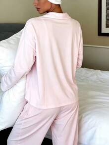 Nina Bonheur 两件套女士翻领纽扣长袖上衣+松紧腰裤睡衣套装 - 粉色 - 查看 3