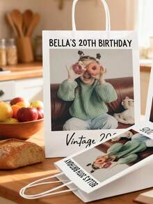 1pc Customized Photo Birthday Gift Bag, Customized Event Soft Gift Bag, Birthday Celebration Soft Paper Bag, Customized Text Party Gift Bag, Birthday Paper Bag - Multicolor - View 4