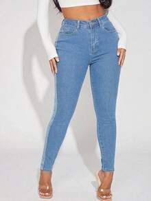 Women's Contrast Panel Casual Skinny Jeans With Pockets, Slim Fit Denim Pants, Versatile For All Seasons Vacation - Blue - View 4