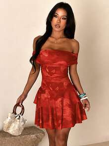 Women's Off-Shoulder Bright Floral Print Pleated Spring/Summer Dress - Red - View 3