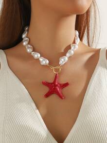 1件波西米亚风ABS塑料巴洛克串珠珍珠树脂海星吊坠项链，配OT扣，女士礼品及日常佩戴之选 - 碎石樹脂海星項鍊 - 查看 12