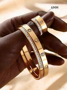 Bộ 4 món vòng tay và nhẫn hình trái tim bằng thép không gỉ mạ vàng 18K đính đá, chống thấm nước và không phai màu, thích hợp cho nữ giới đeo hàng ngày, quà tặng ngày lễ. - Trái tim bạc - Xem 3