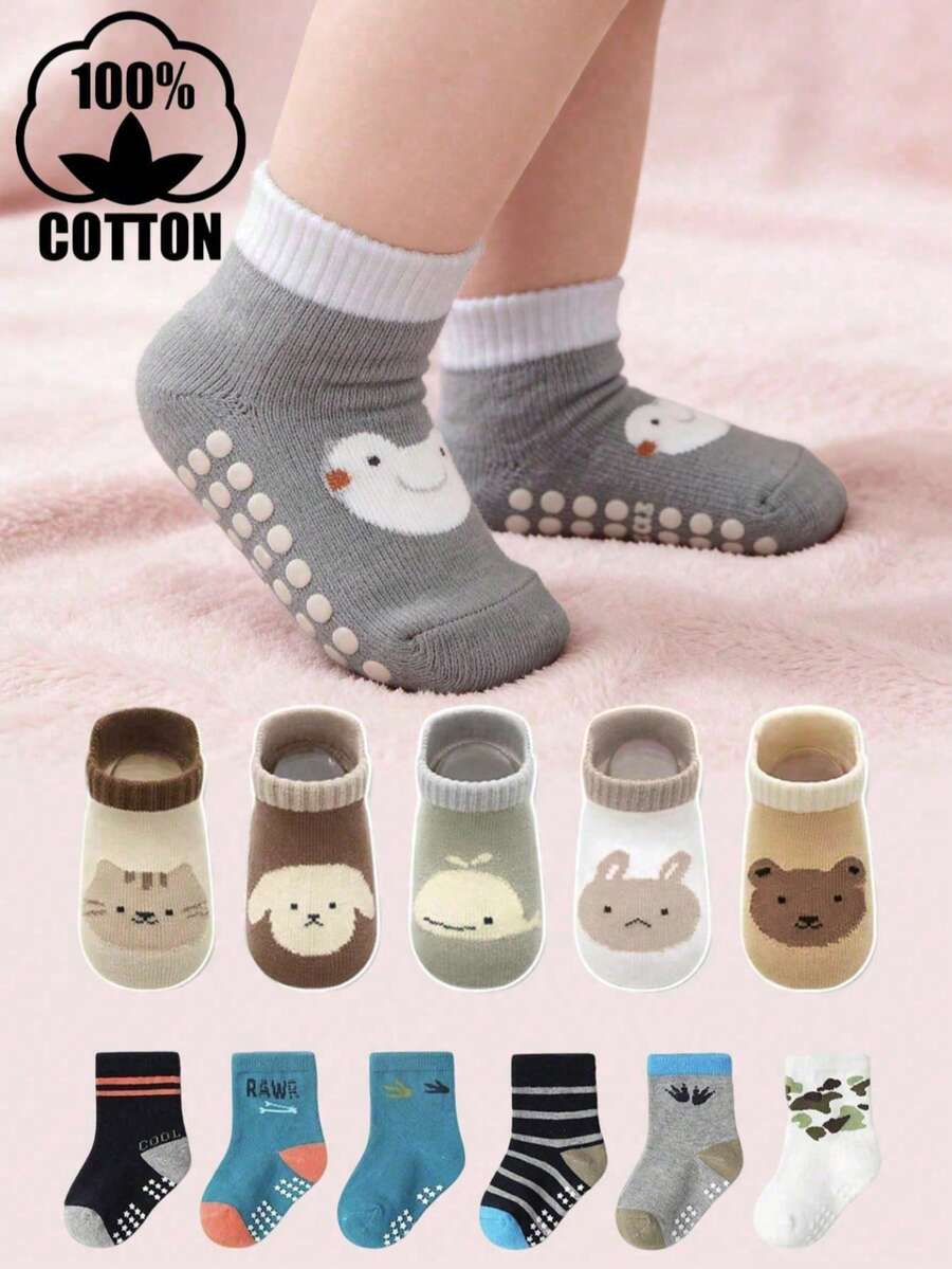6 đôi/12 đôi tất trẻ em bằng cotton chấm bi, tất dài đến bắp chân cho bé trai và bé gái, tất hoạt hình, tất thoáng khí chống trơn trượt. - Nhiều màu - Xem 1