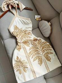 Đầm ngắn gợi cảm in hình cây cọ nhiệt đới, thắt dây chéo phía trước, thích hợp cho kỳ nghỉ hè 2026 trên bãi biển. - trắng - Xem 2