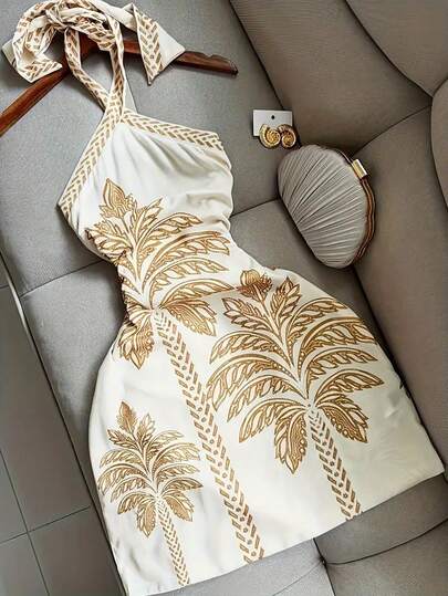 Đầm ngắn gợi cảm in hình cây cọ nhiệt đới, thắt dây chéo phía trước, thích hợp cho kỳ nghỉ hè 2026 trên bãi biển.