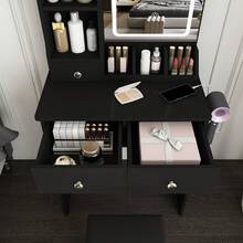 Modern Vanity Desk With LED Mirror, 3 Color Lighting & Adjustable Brightness - 3 Drawers & Storage Shelves, Built-In Power Outlet & Hair Dryer Holder, Makeup Dressing Table Set With Stool For Bedroom - US A Type Plug(110-127V) - View 9