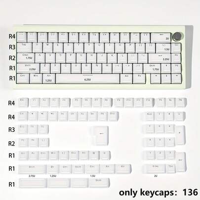 136 Keys Ice White MDA Profile ABS Double-Shot Keycaps, Suitable For 61/64/75/87/98/104 Keyboards