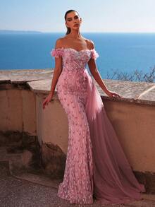 Faeriesty 华丽露肩串珠仿珍珠晚礼服，侧边垂褶设计，高开衩，优雅精致，女士礼服 | 适合晚宴、婚礼宾客、红毯、正式派对、春假晚会等场合 - 藕粉色 - 查看 5