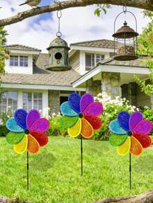 2pcs Rainbow Plastic Outdoor Garden Decor Windmill, Suitable For Spring Garden Decoration, Outdoor Lawn Decor, Colorful Rotating Windmill, Patio And Garden Decoration - Windmill - View 2
